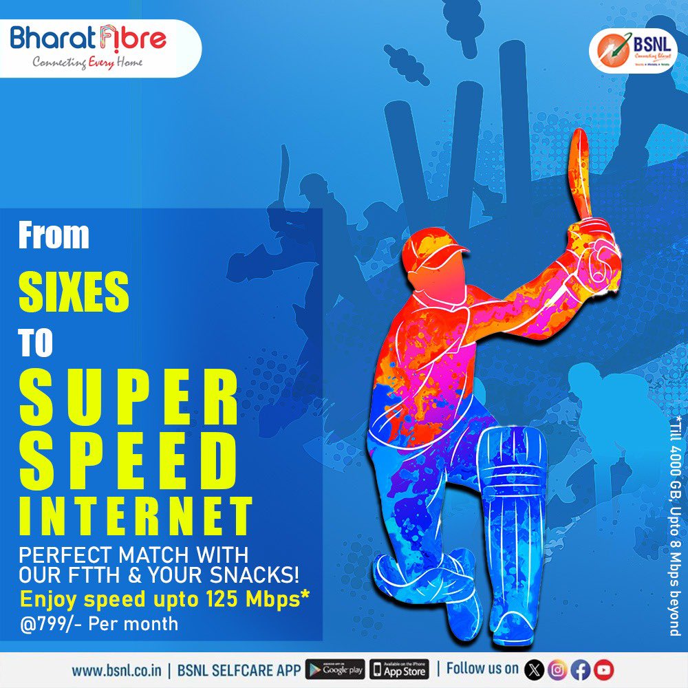 BSNLCorporate's tweet photo. With our FTTH connection, you can stream every moment in high speed—up to 125 Mbps*—while munching on your favorite snacks. 

All this at just ₹799/month! 

#CricketFever #BSNLIndia #HDStreaming #ChampionsTrophy https://t.co/MAbVhhvxWu