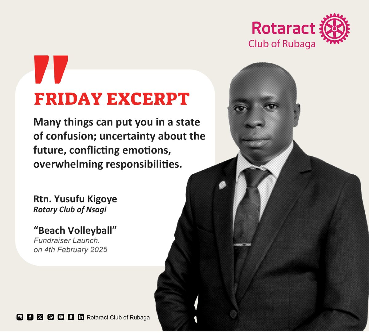RotaractRubaga's tweet photo. π EXCERPT FRIDAY π
In today's episodes, we take a step back and reflect on Rtn. Yusuf Kigoye's insights at Rotaract Club of Rubaga on 4th February 2025.
#PRTeam
#TheElites
#FridayExcerpt
#TheRubagaWay
Rotaract Club of Rubaga https://t.co/PM6mSs1ee0