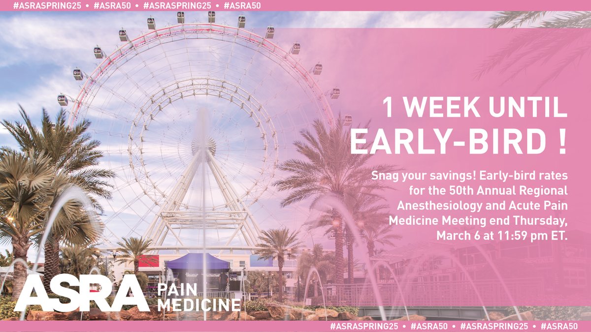 ASRA Pain Medicine (@asra_society) on Twitter photo Come celebrate 50 YEARS of <a href="/ASRA_Society/">ASRA Pain Medicine</a> this spring, for less! Early-bird rates end in ONE WEEK, on Thursday, March 6 at 11:59 pm ET. Snag your savings at asra.com/raapm and then join us this May 1-3! Come celebrate 50 YEARS of <a href="/ASRA_Society/">ASRA Pain Medicine</a> this spring, for less! Early-bird rates end in ONE WEEK, on Thursday, March 6 at 11:59 pm ET. Snag your savings at asra.com/raapm and then join us this May 1-3!