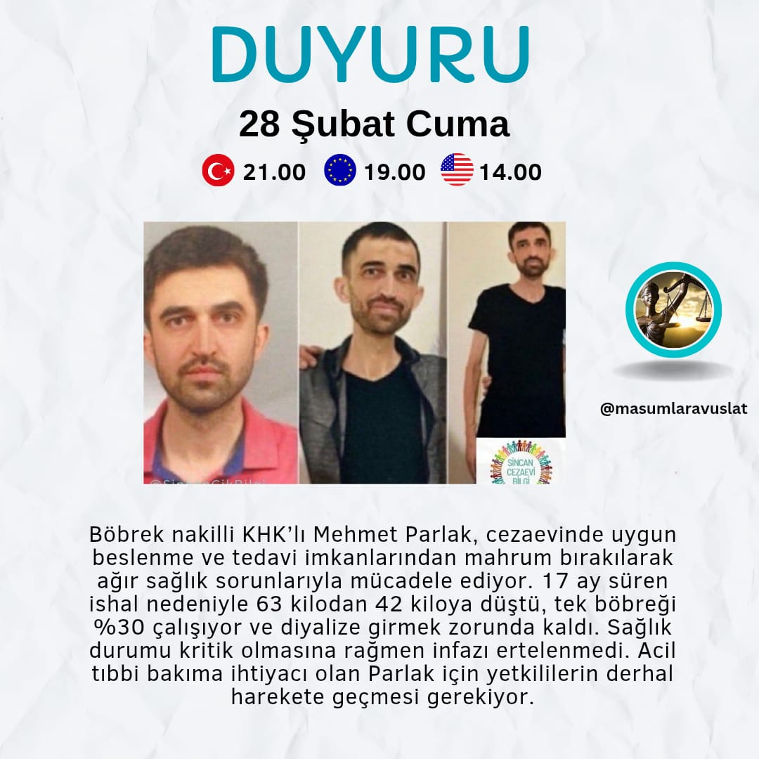 🔴🔵ETİKET DUYURUSU🔵🔴

🗓 28 Şubat Cuma (Bugün)

🇹🇷 21:00
🇪🇺 19:00
🇺🇸 14:00

Bu akşam sizleri, yıllardır cezaevinde tek böbrekle yaşam mücadelesi veren KHKʼlı Mehmet Parlakʼın sesi olmaya davet ediyoruz.

#ProtestoEdiyorum