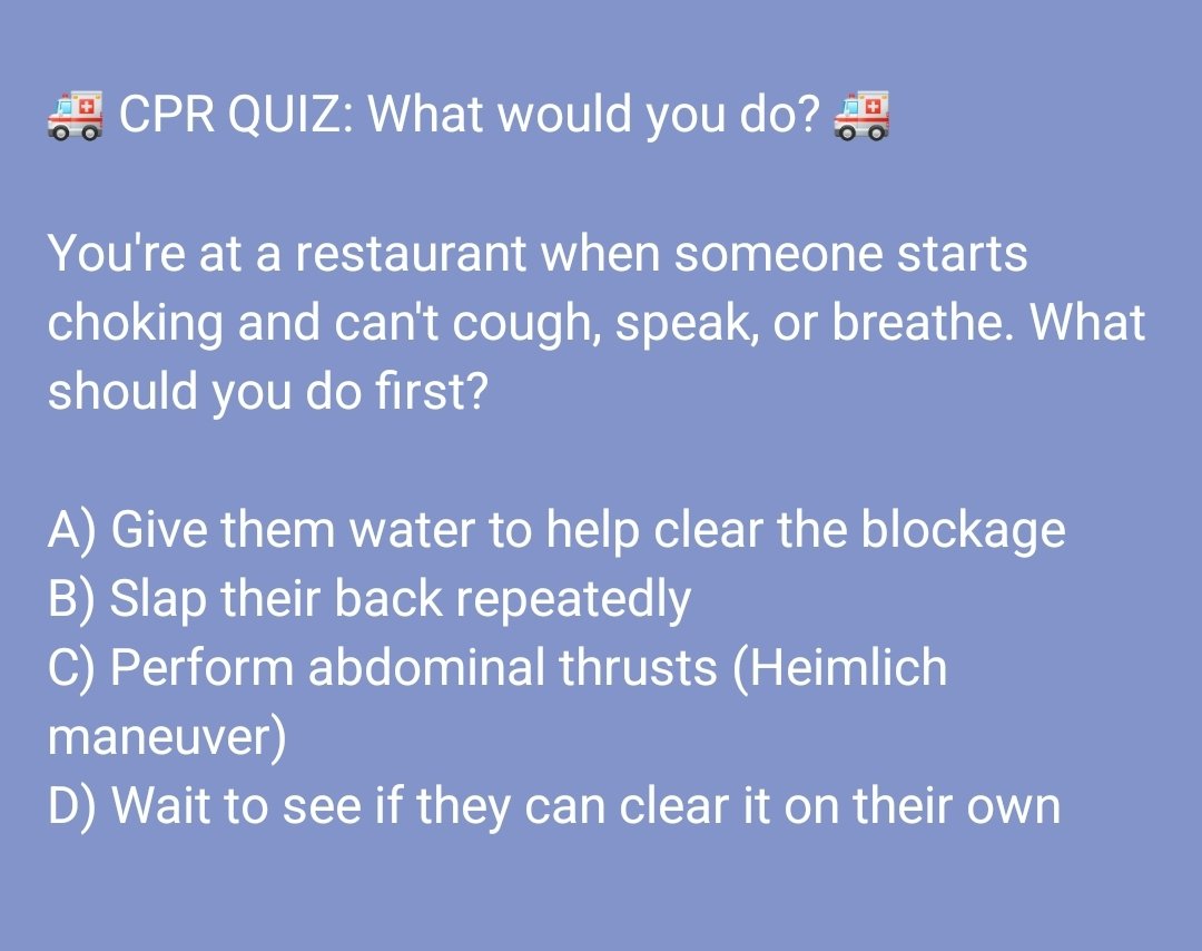cprreadyla's tweet photo. CPR Quiz. #cpr #cprreadyla #cprready #la #LosAngeles #choking https://t.co/hcysuPkQAB