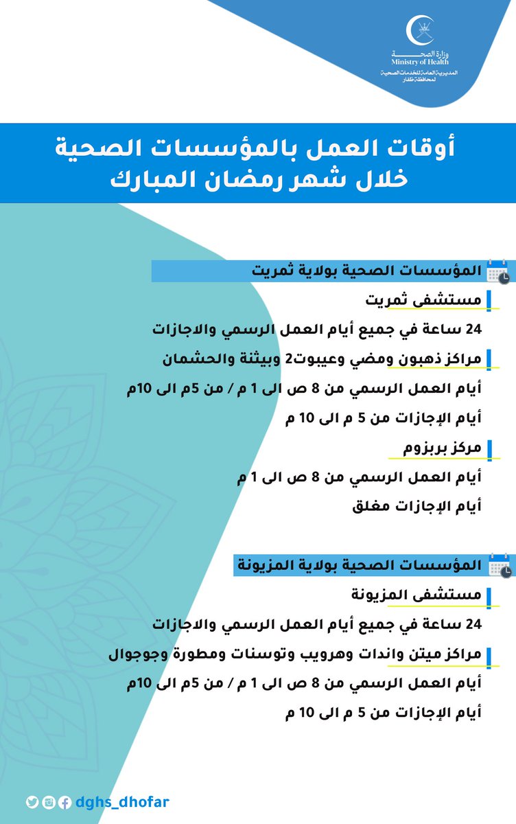 dghs_dhofar's tweet photo. #إعلان
يسر #صحية_ظفار أن تبارك لكم بحلول شهر رمضان الفضيل للعام ١٤٤٦هـ.
أن تعلن للمواطنين والمقيمين الكرام عن أوقات العمل في المؤسسات الصحية بولايات محافظة #ظفار  خلال شهر رمضان المبارك .
وتقبل الله صيامكم..
#صحة_رائدة_مستدامة_للجميع #وزارة_الصحة #سلطنة_عمان #عُمان #محافظة_ظفار https://t.co/bdjlppGLRP