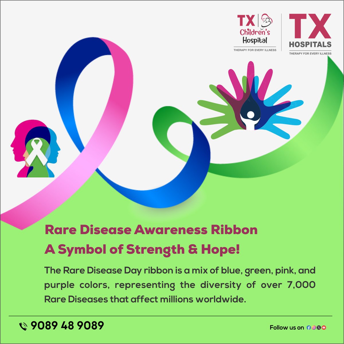 txhospitals's tweet image. 🎗 Rare Disease Awareness Ribbon – A Symbol of Strength &amp;amp; Hope! 🌍

The Rare Disease Day ribbon combines blue, green, pink, and purple to symbolize the 7,000+ rare diseases affecting millions worldwide.

📍 TX Hospitals | 📲 9089 48 9089
#RareDiseaseDay #HopeForRare