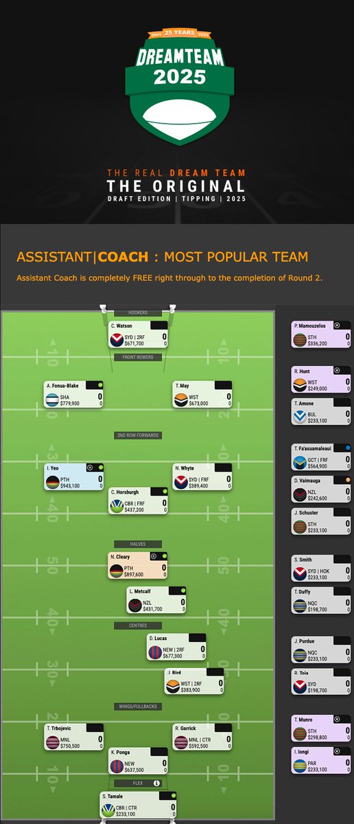 DreamTeamAFL's tweet photo. Don’t forget to pick your #NRL Dream Team - kick-off Sunday! Plus #MotoGP tomorrow, #f1 and #AFL coming up soon -  at your home for Fantasy Sports, 25 years strong!

https://t.co/sxQwDBSetN https://t.co/8fY3wobWCn
