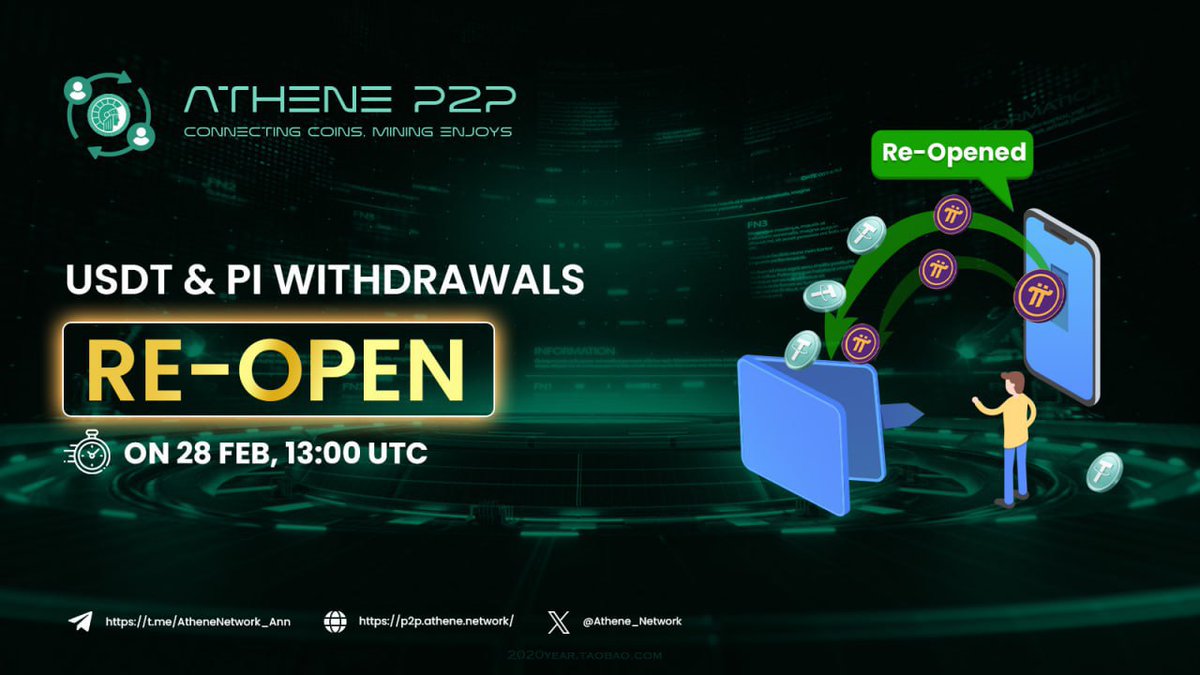 🤑 USDT &amp; Pi Withdrawals Re-Opening Soon

⚙️ After a short period, we’re pleased to reopen Pi and USDT withdrawals on Athene P2P  (p2p.athene.network)earlier than planned.

⏰ Open Time: 13:00 UTC, 28th February

However, due to certain issues related to Pi and hash codes,