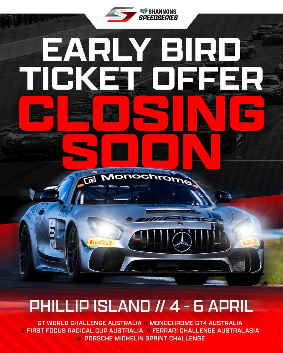 FINAL DAYS! Book your early bird tickets now and save 20% on General Admission passes for the opening Shannons SpeedSeries round at Phillip Island. Offer ends on March 4. 

Head to motorsporttickets.com.au to get your tickets now 🙌

#SpeedSeries