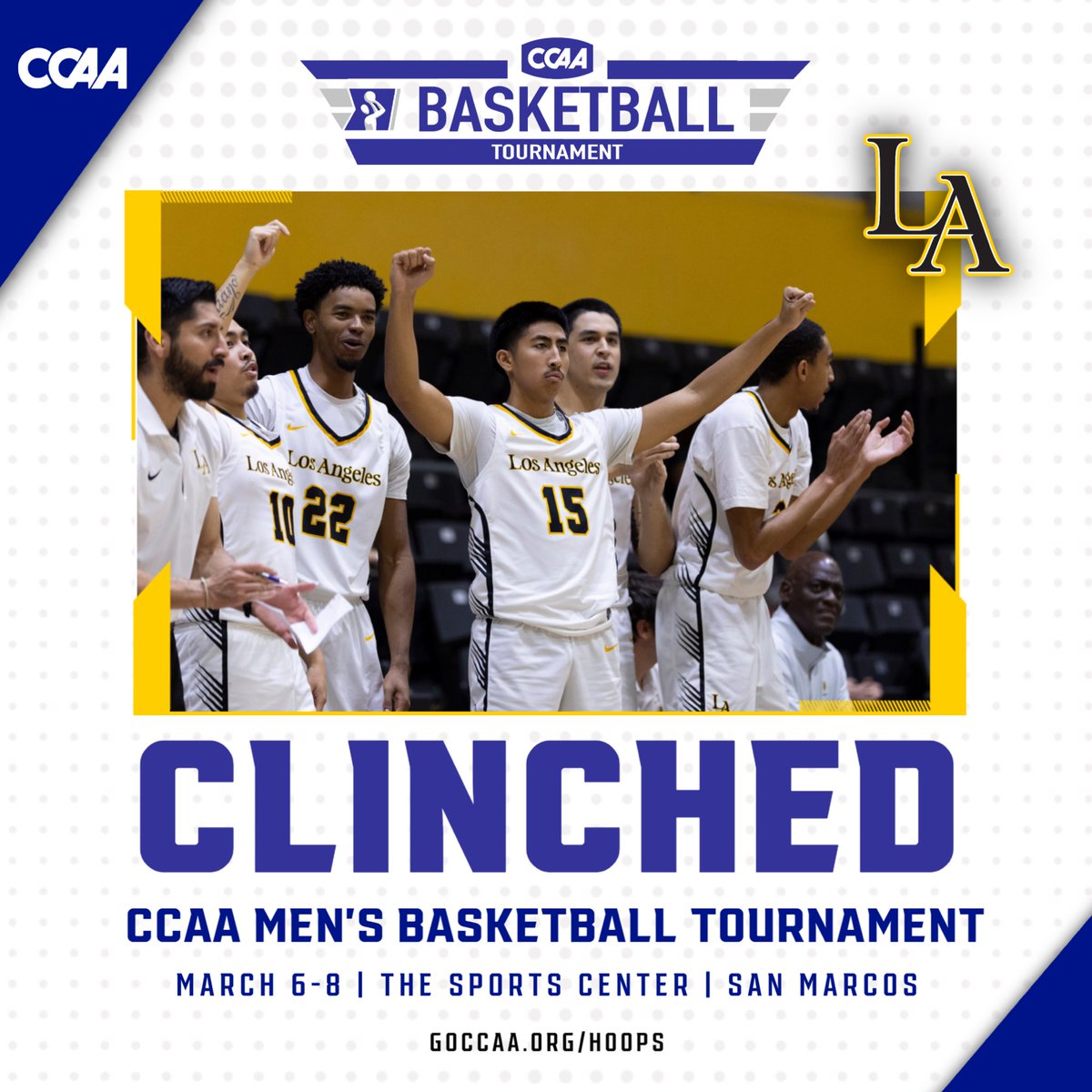 CCAA (@goccaa) on Twitter photo The six-team field for the 2025 CCAA Men’s Basketball Tournament is set. Seeds will be finalized after Saturday’s games
The teams that are in:
<a href="/TorosAthletics/">Cal State Dominguez Hills Athletics</a>
<a href="/ChicoAthletics/">Chico State Wildcats</a>
<a href="/csusbathletics/">CSUSB Coyotes</a>
<a href="/HumboldtJacks/">Cal Poly Humboldt Lumberjacks</a>
<a href="/cppbroncos/">Cal Poly Pomona Broncos</a>
<a href="/LAGoldenEagles/">Cal State LA Athletics</a> The six-team field for the 2025 CCAA Men’s Basketball Tournament is set. Seeds will be finalized after Saturday’s games
The teams that are in:
<a href="/TorosAthletics/">Cal State Dominguez Hills Athletics</a>
<a href="/ChicoAthletics/">Chico State Wildcats</a>
<a href="/csusbathletics/">CSUSB Coyotes</a>
<a href="/HumboldtJacks/">Cal Poly Humboldt Lumberjacks</a>
<a href="/cppbroncos/">Cal Poly Pomona Broncos</a>
<a href="/LAGoldenEagles/">Cal State LA Athletics</a>