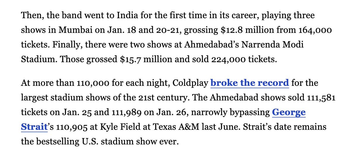 official numbers for <a href="/coldplay/">Coldplay</a>’s india tour are in! 🇮🇳

🎟️ 388k tickets sold
💰 $28.5M grossed

📍 mumbai: 164k tickets, $12.8M grossed (jan 18-19, 21)
📍 ahmedabad: 224k tickets, $15.7M grossed (jan 25-26)

ahmedabad’s shows set a new record with 111,581 &amp; 111,989 tickets sold,