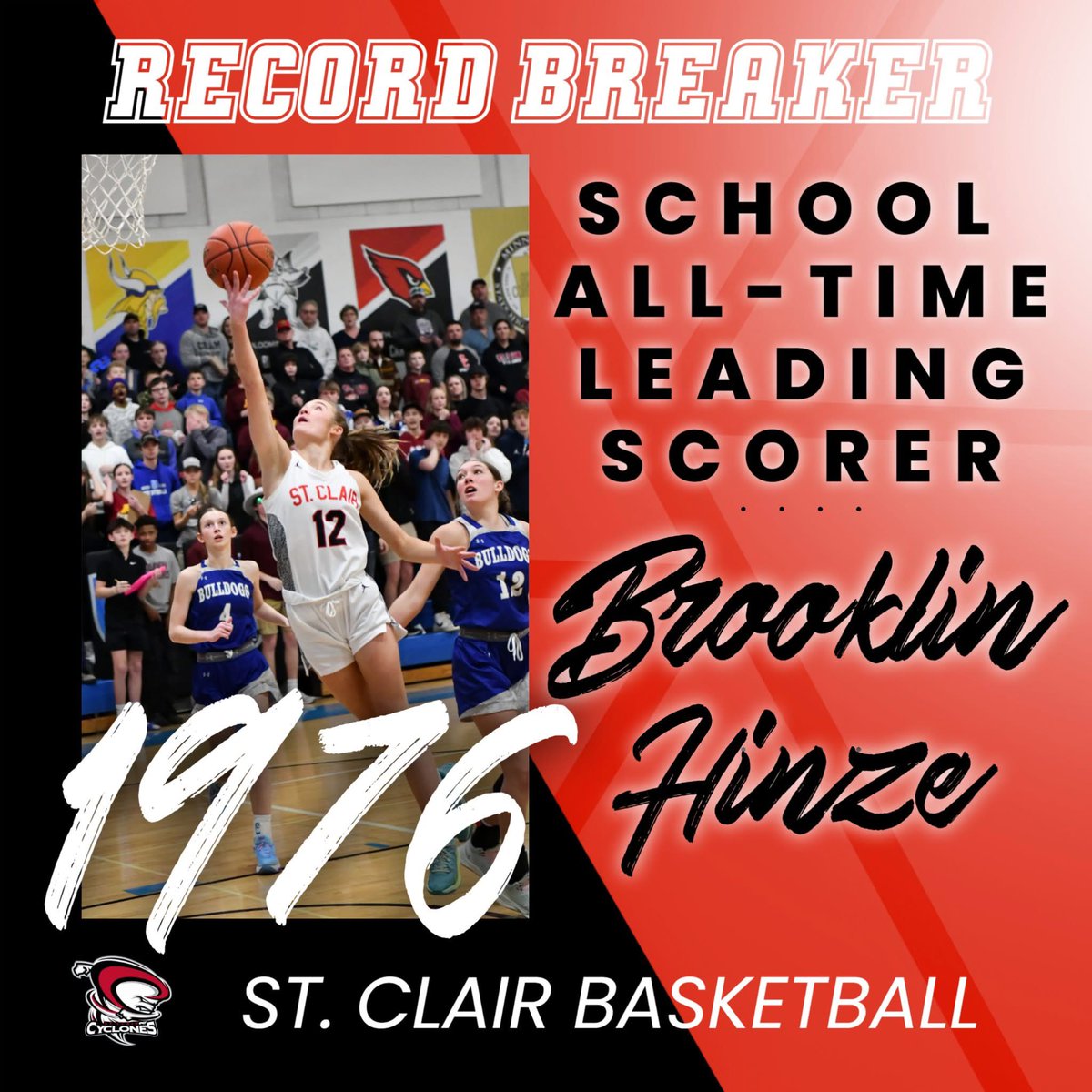 Congratulations to Junior <a href="/BrooklinHinze/">Brooklin Hinze #12</a> on breaking the All-Time School Scoring Record!  Brooklin broke the Girls Scoring Record a few weeks ago, and tonight she broke the School record by one point. Brandon Stori held the previous 1,975 point record for 21 years.
