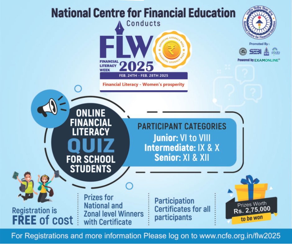 Join NCFE's Financial Literacy Week, supported by ExamOnline! Theme: 'Financial Literacy – Women’s prosperity.' Students (6-12) can join the quiz, women can join capacity building sessions on vital financial topics. #FinancialLiteracyWeek #NCFE #ExamOnline