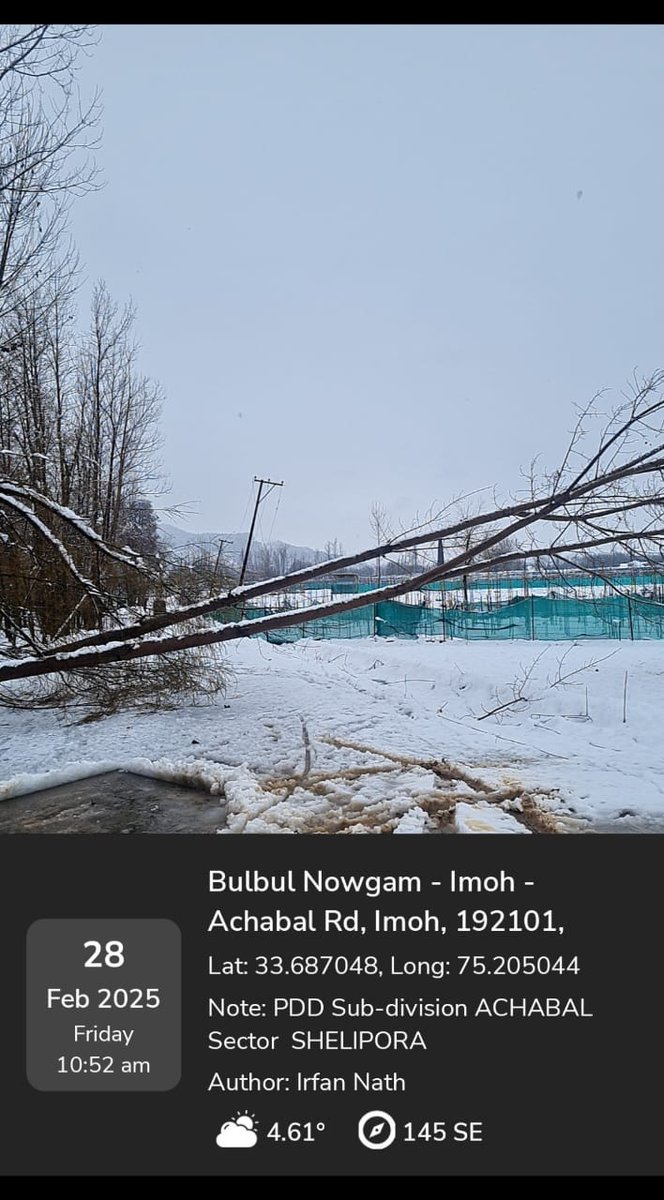 SubDivAchKPDCL's tweet image. Our teams are working on fault rectification, and power supply disrupted due tree collapsing on power lines at some places will be restored as soon as lines are cleared. We appreciate your patience #PowerUpdate #Snowfall