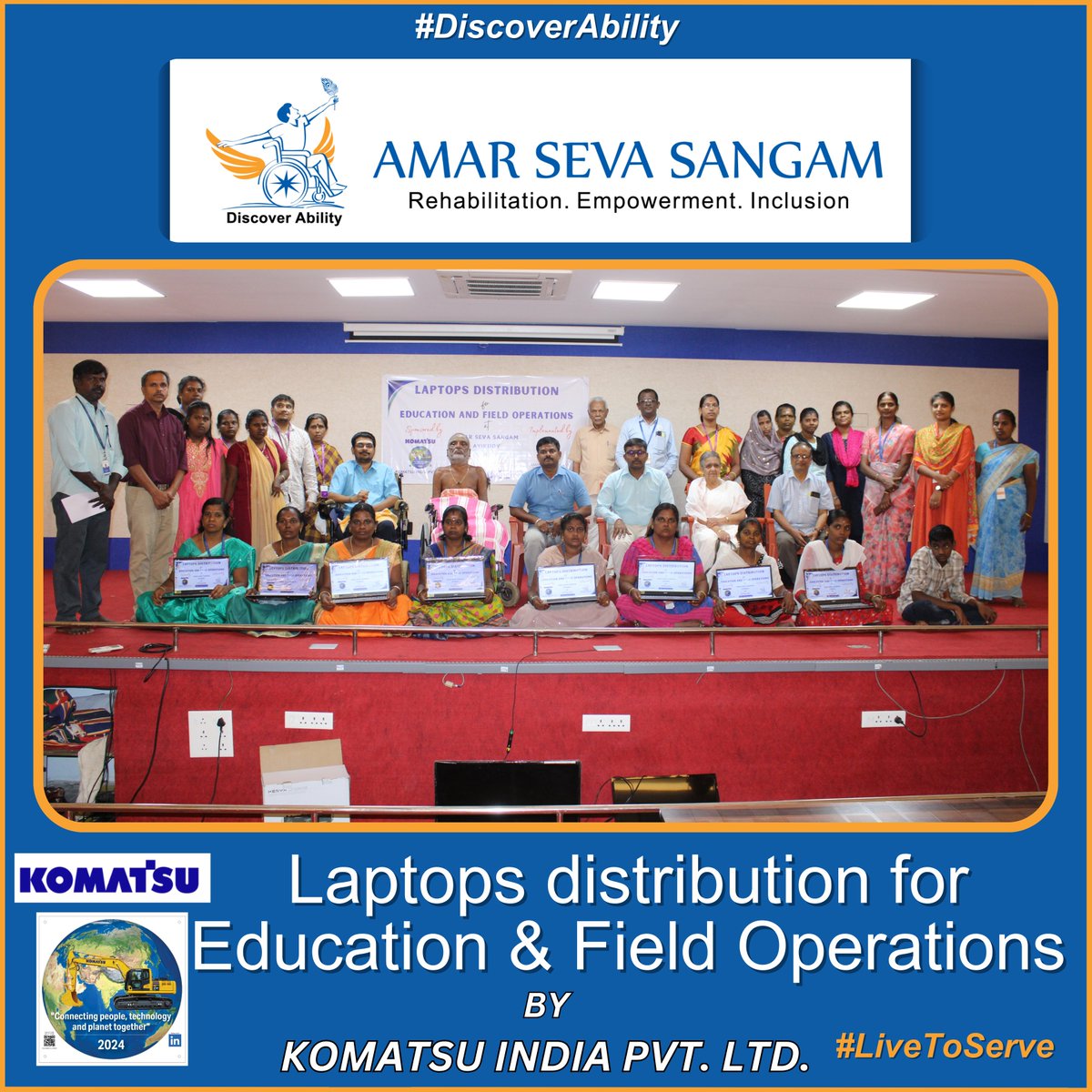 amarseva's tweet photo. Empowering Education and Field Operations! We extend our heartfelt gratitude to Komatsu India Pvt. Ltd. for their generous donation of laptops through their CSR initiative.
#DiscoverAbility #LivetoServe #YouCanMakeADifference #AmarSevaSangam #DisabilityConference #ASSA https://t.co/rlqI76amzR