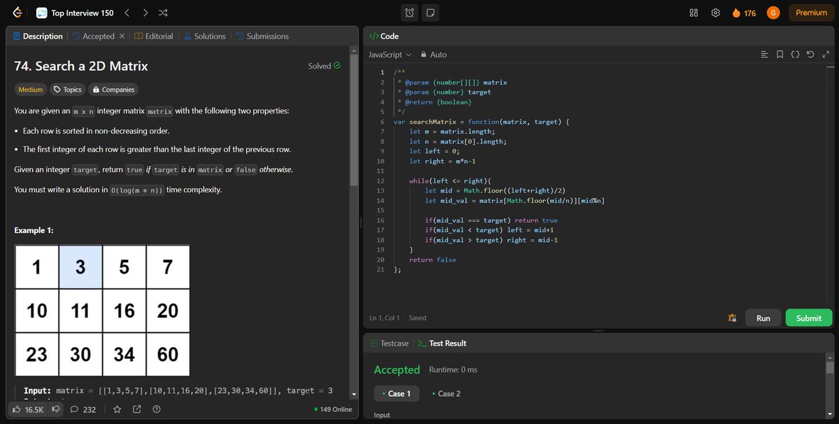 coding_ez24105's tweet image. Leveling up with more algorithmic challenges! 🚀 Today’s solved problems:
📍 Search Insert Position
📊 Search in 2D Matrix
⛰️ Find Peak Element
🔄 Search in Rotated Sorted Array
Every solution brings new insights! 💡
#LeetCode #Coding #InterviewPrep