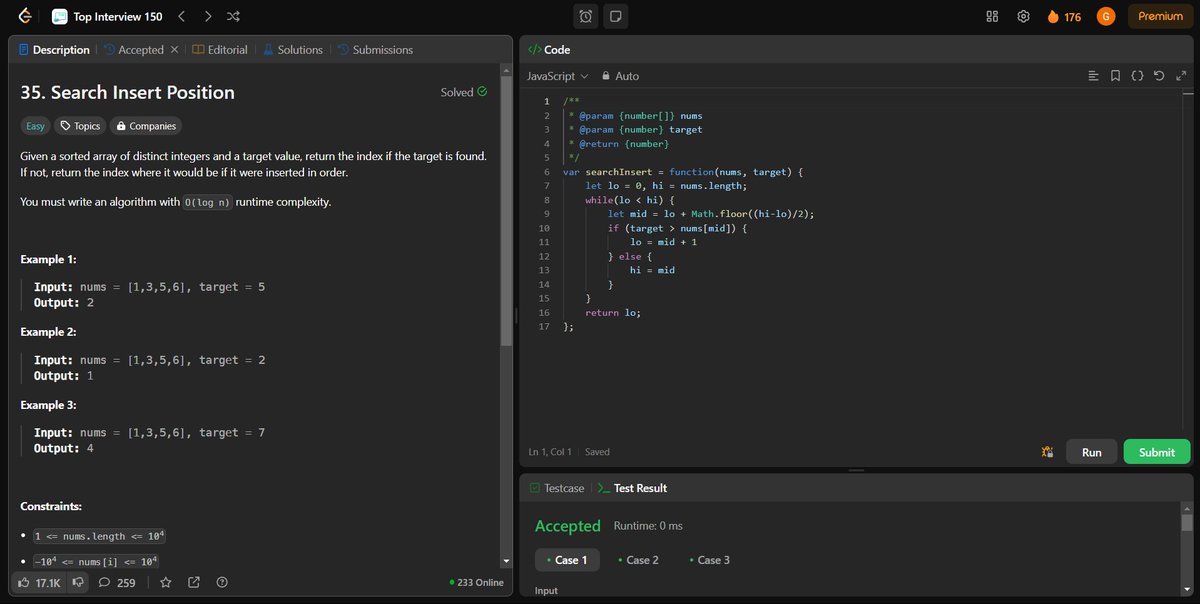 coding_ez24105's tweet image. Leveling up with more algorithmic challenges! 🚀 Today’s solved problems:
📍 Search Insert Position
📊 Search in 2D Matrix
⛰️ Find Peak Element
🔄 Search in Rotated Sorted Array
Every solution brings new insights! 💡
#LeetCode #Coding #InterviewPrep