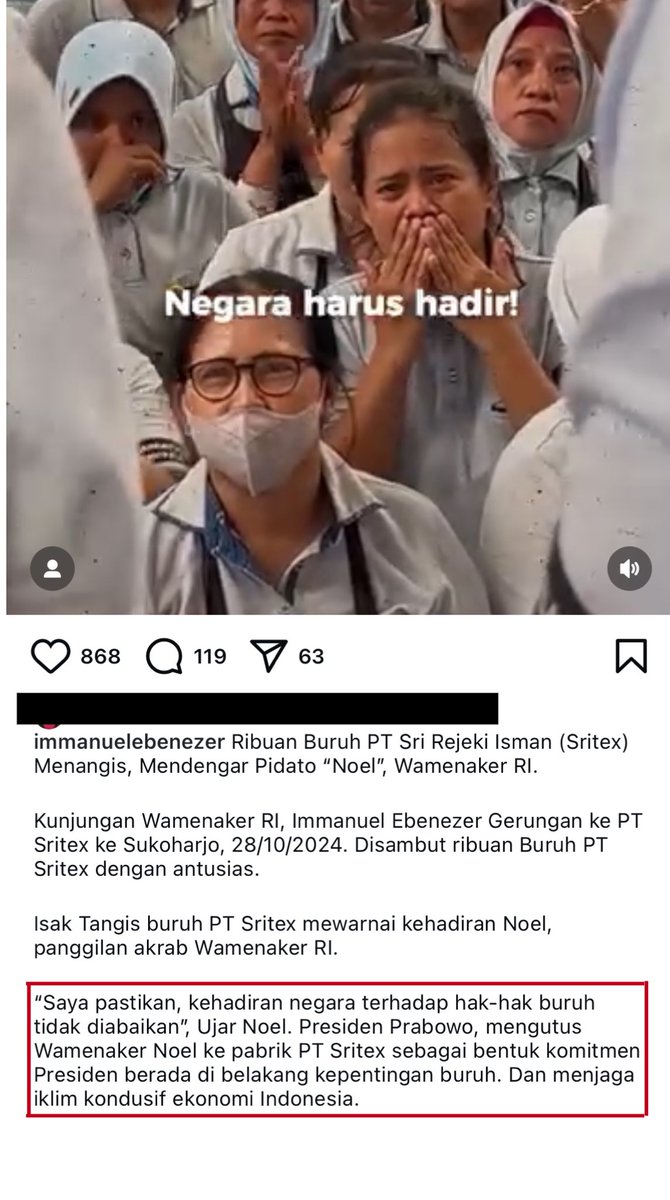 yusuf_dumdum's tweet photo. "Saya pastikan kehadiran negara terhadap hak-hak buruh tidak diabaikan &amp; saya pastikan tidak ada PHK terhadap buruh PT. Sritex," kata Wamenaker Noel https://t.co/Tr73JNN6dQ
