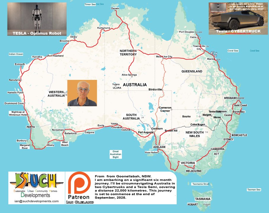 SUCHDevelopment's tweet image. Good day from Goonellabah, NSW, Australia. Elon is the best human in the world. He is unique, and he has done much for humans. 

I am embarking on a significant six-month journey. I&apos;ll be going around Australia in two Cybertrucks and a Tesla Semi, covering a substantial 22,000…