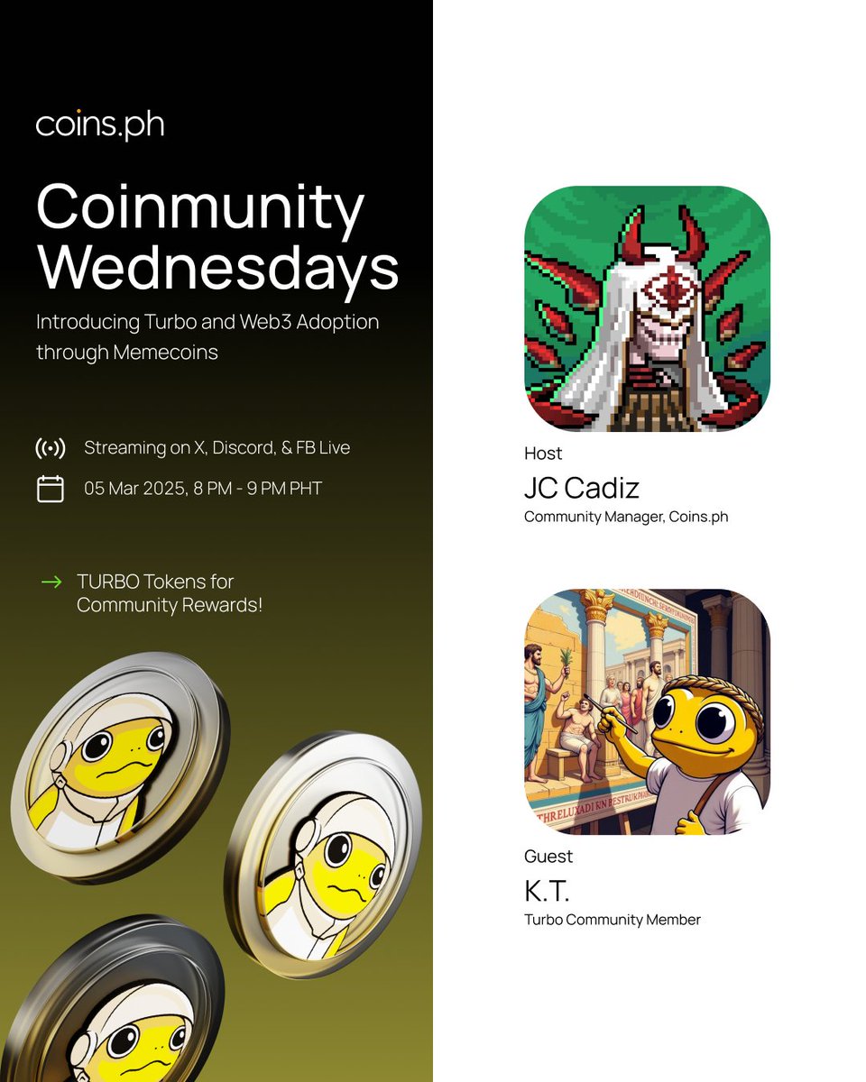 NEXT WEEK on #CoinmunityWednesdays: Turbo &amp; Web3 Adoption Through Memecoins 🐸

Join us as we dive into <a href="/TurboToadToken/">Turbo 🐸</a> and its rise from $69 to a full-fledged ecosystem! 🚀💨

💰 $TURBO giveaways for the community!
📅 Next Wednesday | 🕘 8PM PHT 
📍 Live on Discord (Coinmunity