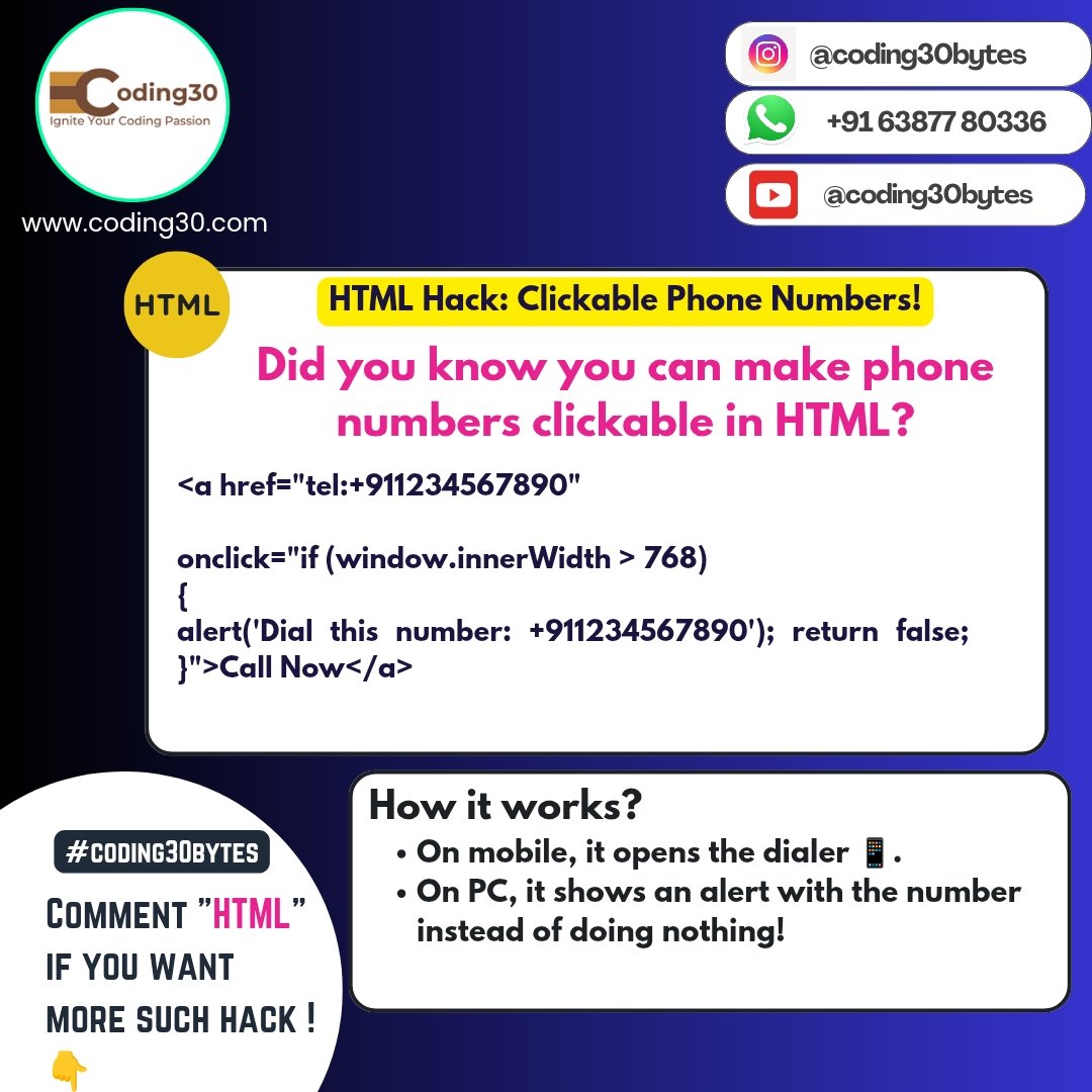 im_coding30's tweet image. Pro Web Dev Hack! Make phone numbers clickable on mobile &amp;amp; show an alert on PC.
Subscribe me for project, website templates, source code and more hacks youtube.com/@coding30Bytes

#HTMLTricks #WebDevHacks #Coding30Bytes