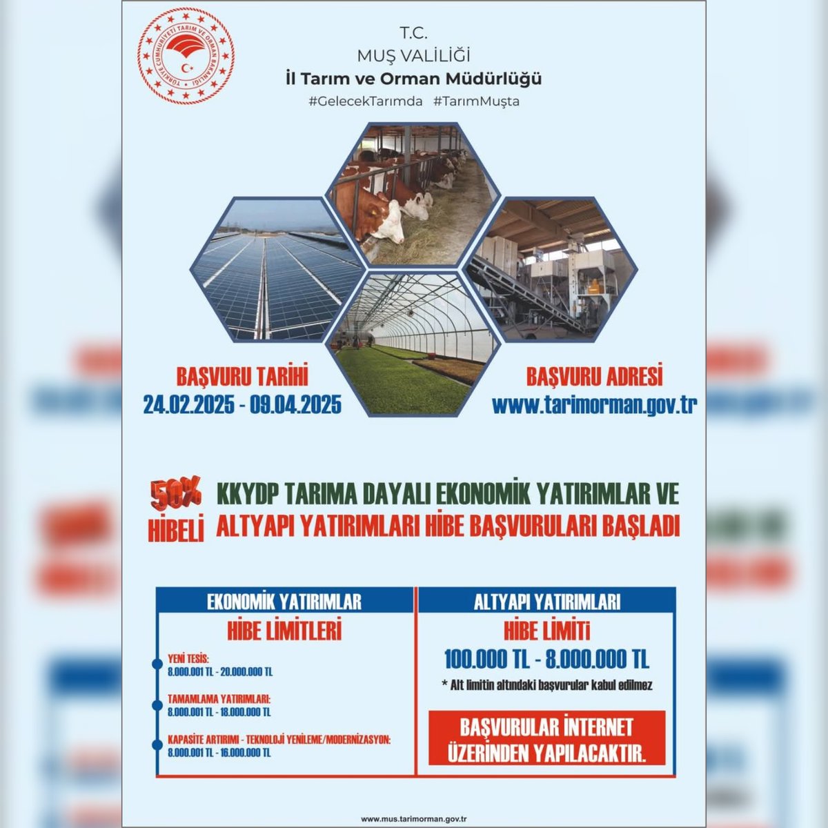 Başvurular Muş İl Tarım ve Orman Müdürlüğümüze yapılacaktır.<a href="/ibrahimyumakli/">İbrahim Yumaklı</a> <a href="/tarimormanmus/">Muş İl Tarım ve Orman Müdürlüğü</a> <a href="/TCTarim/">T.C. Tarım ve Orman Bakanlığı</a>