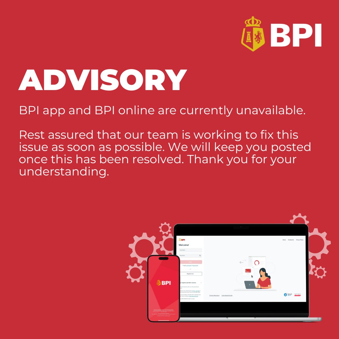 TalktoBPI's tweet photo. BPI app and BPI online are currently unavailable. 

Rest assured that our team is working to fix this issue as soon as possible. We will keep you posted once this has been resolved. Thank you for your understanding. https://t.co/tStnFlfbPS
