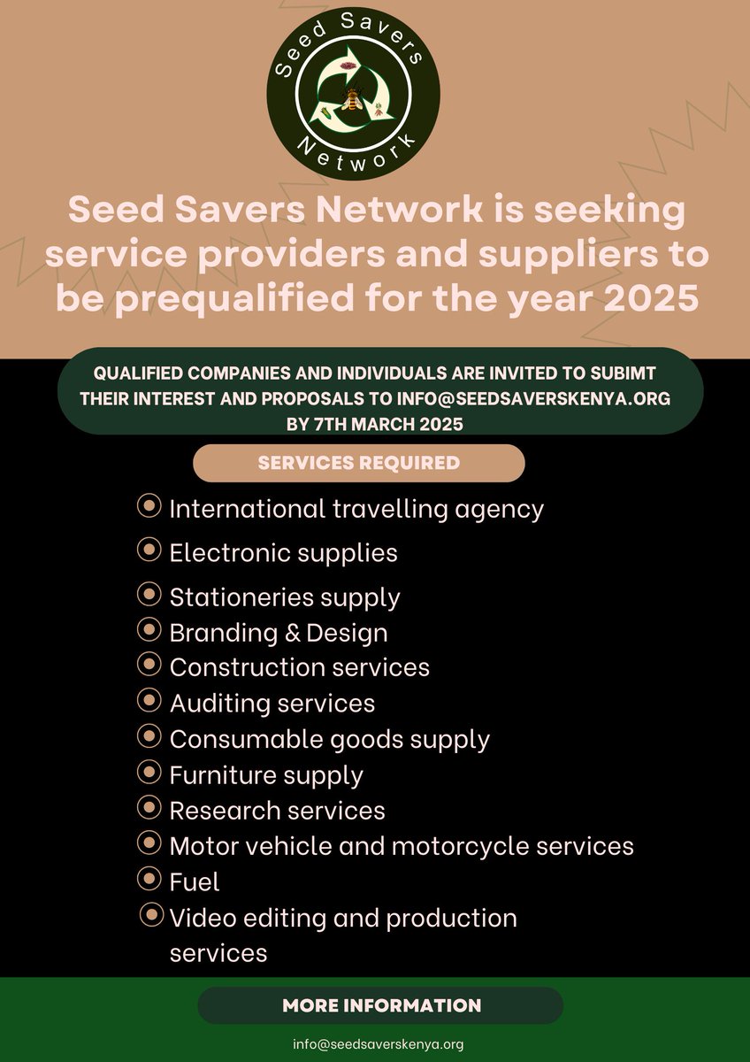 Seed Savers Network (@seedsavers_ke) on Twitter photo We are accepting proposals and expressions of interest! Share your expressions to info@seedsaverskenya.org by 7th March 2025 We are accepting proposals and expressions of interest! Share your expressions to info@seedsaverskenya.org by 7th March 2025