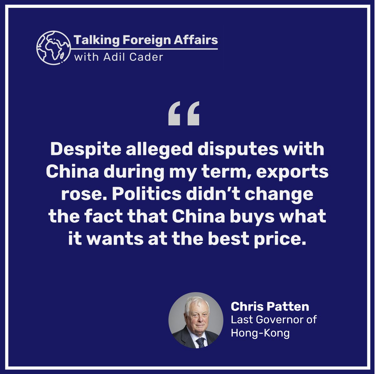 TFAwithAdil's tweet image. Watch our full interview with the last Governor of Hong Kong : youtube.com/watch?v=IW5EF8… 

Talking Foreign Affairs with Adil Cader - incubated by MTI Consulting.

#TalkingForeignAffairswithAdilCader #ChrisPatten #China #Politics