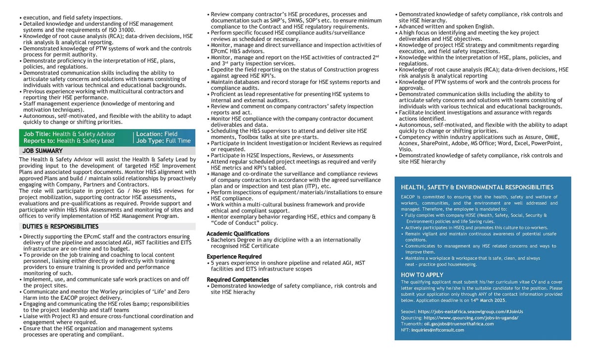 EACOP (@eacop_) on Twitter photo VACANCY ANNOUNCEMENT
We are looking for highly skilled professionals to join our team! 
✅ Spread Superintendent
✅ Supervisor ICS
✅ Health & Safety Lead
✅ Health & Safety Advisor
Details:👉 eacop.com/eacop-goods-se…  
Deadline:📅 14th March 2025
#EACOPJobs VACANCY ANNOUNCEMENT
We are looking for highly skilled professionals to join our team! 
✅ Spread Superintendent
✅ Supervisor ICS
✅ Health & Safety Lead
✅ Health & Safety Advisor
Details:👉 eacop.com/eacop-goods-se…  
Deadline:📅 14th March 2025
#EACOPJobs