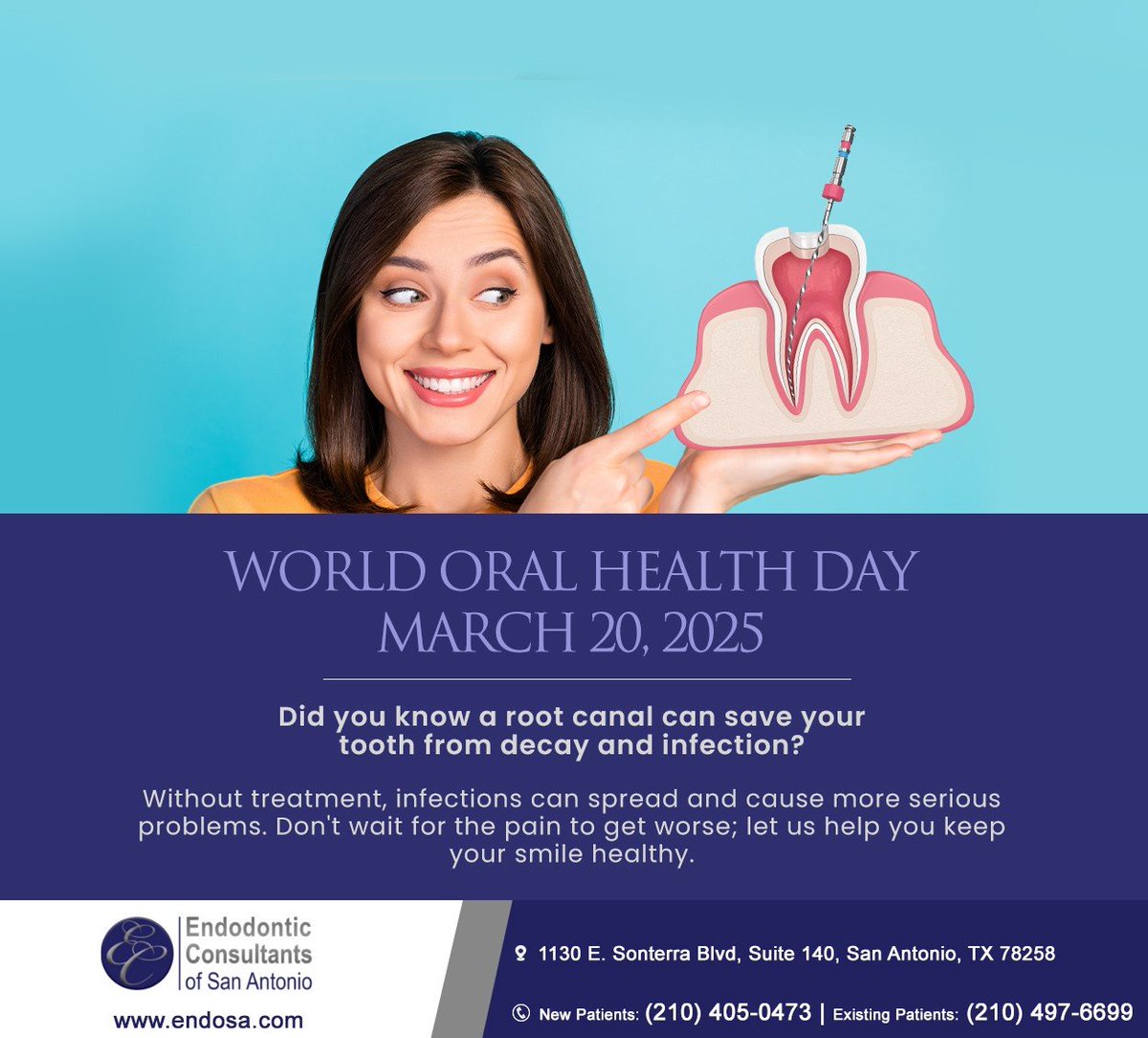 At Endodontic Consultants of San Antonio, we’re all about saving your natural teeth. Root canals can stop infections and abscesses, keeping your smile bright and healthy. Don’t let decay steal your shine. Book your consultation today. #endodonticconsultantsofsanantonio