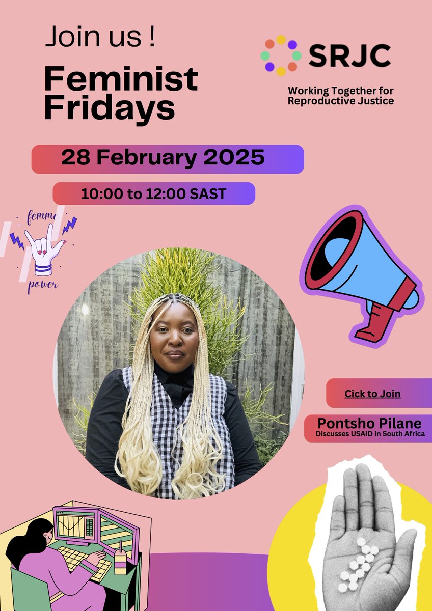 _SRJC's tweet photo. Today on Feminist Fridays. Join the conversation as @pontsho_pilane will be discussing  USAID in South Africa. 
🗓 Date: 28 Feb 2025 
📷 Platform: Microsoft Teams 
📷 Click here to join:  https://t.co/rT2FfLbqGJ
#FeministFriday #SRJC #Advocacy https://t.co/IC0aCbDQVR
