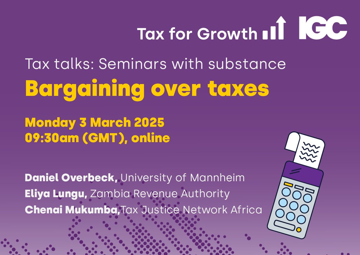 The_IGC's tweet photo. Can we make taxes more equitable? Join @Tax4Growth in a series of monthly webinars with the first one launching Monday 3 Mar / 9:30am (GMT)🚀

Hear @DOverbeckEcon @EconUniMannheim discuss findings from Zambia. 

Sign up ➡️https://t.co/8zeKlQCJQf

@chenaimukumba @TaxJusticeAfric https://t.co/JxNfgJMj10