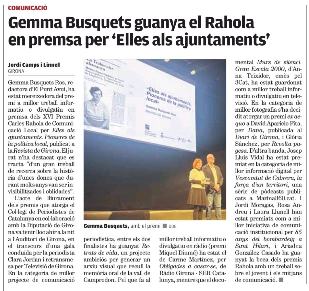 Revista de Girona (@revistagirona) on Twitter photo El premi al millor treball en premsa dels premis Carles Rahola: <a href="/gemmabusquets/">Gemma Busquets Ros</a> per «Elles als ajuntaments", publicat a la <a href="/RevistaGirona/">Revista de Girona</a> de la <a href="/DiputacioGirona/">Diputació de Girona</a> La història de les dones que durant molts anys van ser invisibilitzades i oblidades. El premi al millor treball en premsa dels premis Carles Rahola: <a href="/gemmabusquets/">Gemma Busquets Ros</a> per «Elles als ajuntaments", publicat a la <a href="/RevistaGirona/">Revista de Girona</a> de la <a href="/DiputacioGirona/">Diputació de Girona</a> La història de les dones que durant molts anys van ser invisibilitzades i oblidades.