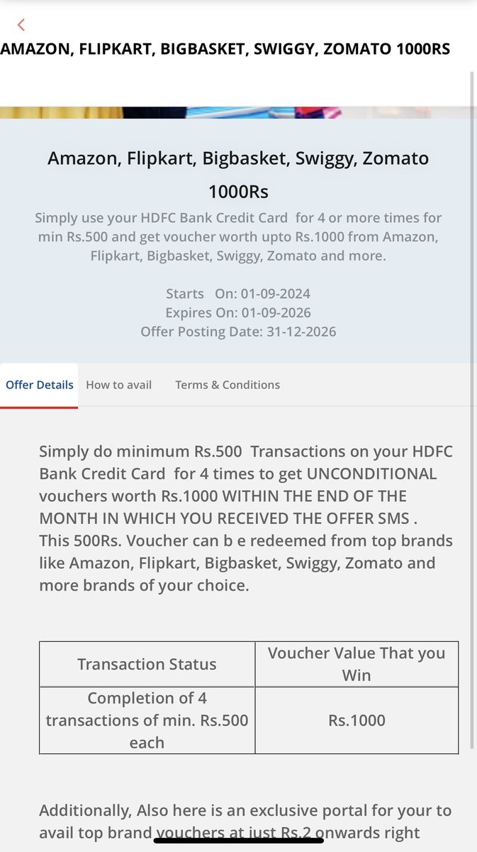 Rahul Diwan (@rahuldiwan) on Twitter photo Hdfc sending emails to spend 500 x 4 to get 1000 voucher, which seems a great offer
But their T n C is offer valid till Sep 2026, which is weird.
Also subject says hurry last few days, and offer already started in Sep 2024
How to confirm the offer?
#ccgeeks <a href="/iSatishAgarwal/">Satish Kumar Agarwal</a> Hdfc sending emails to spend 500 x 4 to get 1000 voucher, which seems a great offer
But their T n C is offer valid till Sep 2026, which is weird.
Also subject says hurry last few days, and offer already started in Sep 2024
How to confirm the offer?
#ccgeeks <a href="/iSatishAgarwal/">Satish Kumar Agarwal</a>