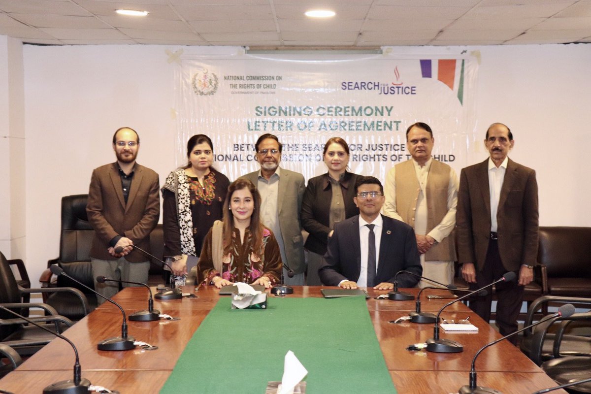 NCRC_Pakistan's tweet photo. The National Commission on the Rights of Child (NCRC) has signed a Letter of Agreement (LOA) with Search for Justice (SFJ) to enhance collaboration on child rights and protection in Pakistan. This partnership aims to:  

✅ Raise public awareness on child protection through events and campaigns.  
✅ Develop policy briefs and research to strengthen child rights advocacy.  
✅ Organize consultations to address child protection challenges and drive legal reforms.  

This partnership is a crucial step toward ensuring the rights, safety, and well-being of children across Pakistan. 

@NCRC_Pakistan @SFJPK 

#NCRC #SearchForJustice #ChildProtection #ChildRights #EndChildAbuse