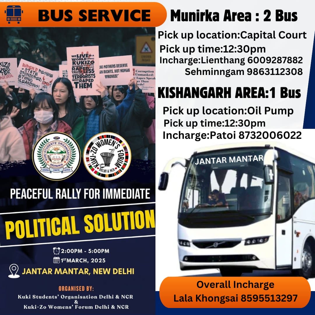 PEACE RALLY BY THOSE WHO DON’T WANT TO SURRENDER WEAPON AGAIN IN DELHI???
<a href="/DelhiPolice/">Delhi Police</a> 
They say it’s a…

*PEACEFUL RALLY FOR IMMEDIATE POLITICAL SOLUTION*
       _*BUS SERVICE*_
*MUNIRKA*: *2 BUS*
_*Pick up location: Capital Court*_
_*Pick up time*_:_*12:30pm*_