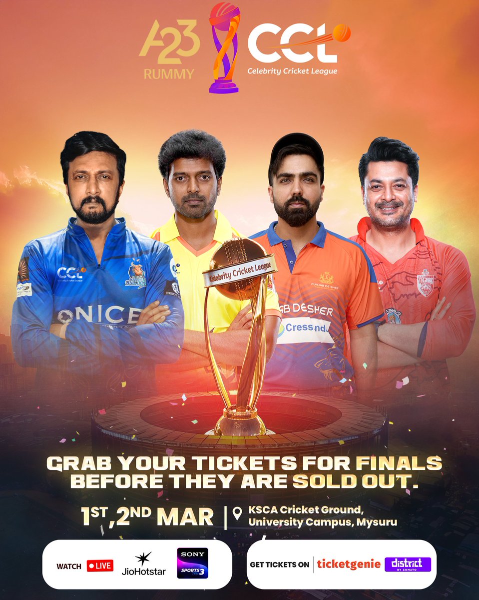 CCL (@ccl) on Twitter photo ๐๐ฅ Final Showdown Awaits! ๐ฅ๐
The A23 Rummy CCL 2025 Finals is set to be an electrifying clash! ๐โก Grab your tickets NOW before theyโre SOLD OUT! ๐๏ธ๐
๐
Finals: March 2 | 6:30 PM
๐ KSCA Cricket Ground, Mysuru
๐๏ธ Book your tickets ticketgenie.in/ticket/celebriโฆ
๐บ Watch Live ๐๐ฅ Final Showdown Awaits! ๐ฅ๐
The A23 Rummy CCL 2025 Finals is set to be an electrifying clash! ๐โก Grab your tickets NOW before theyโre SOLD OUT! ๐๏ธ๐
๐
Finals: March 2 | 6:30 PM
๐ KSCA Cricket Ground, Mysuru
๐๏ธ Book your tickets ticketgenie.in/ticket/celebriโฆ
๐บ Watch Live