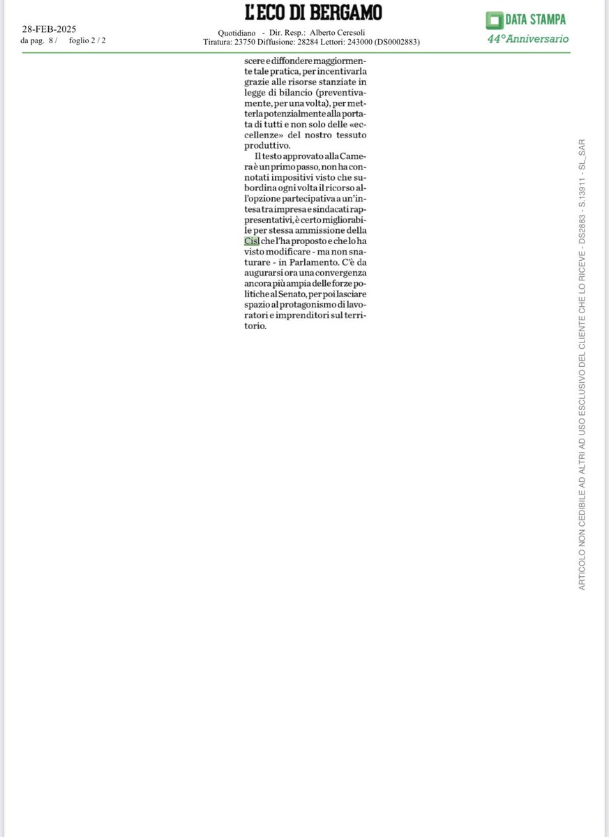 CislNazionale's tweet photo. #Partecipazione: alcuni articoli sui quotidiani di oggi con le dichiarazioni della leader Cisl #DanielaFumarola sul voto storico della Camera alla proposta di legge voluta dalla Confederazione di via Po. https://t.co/RLUEphSR98
