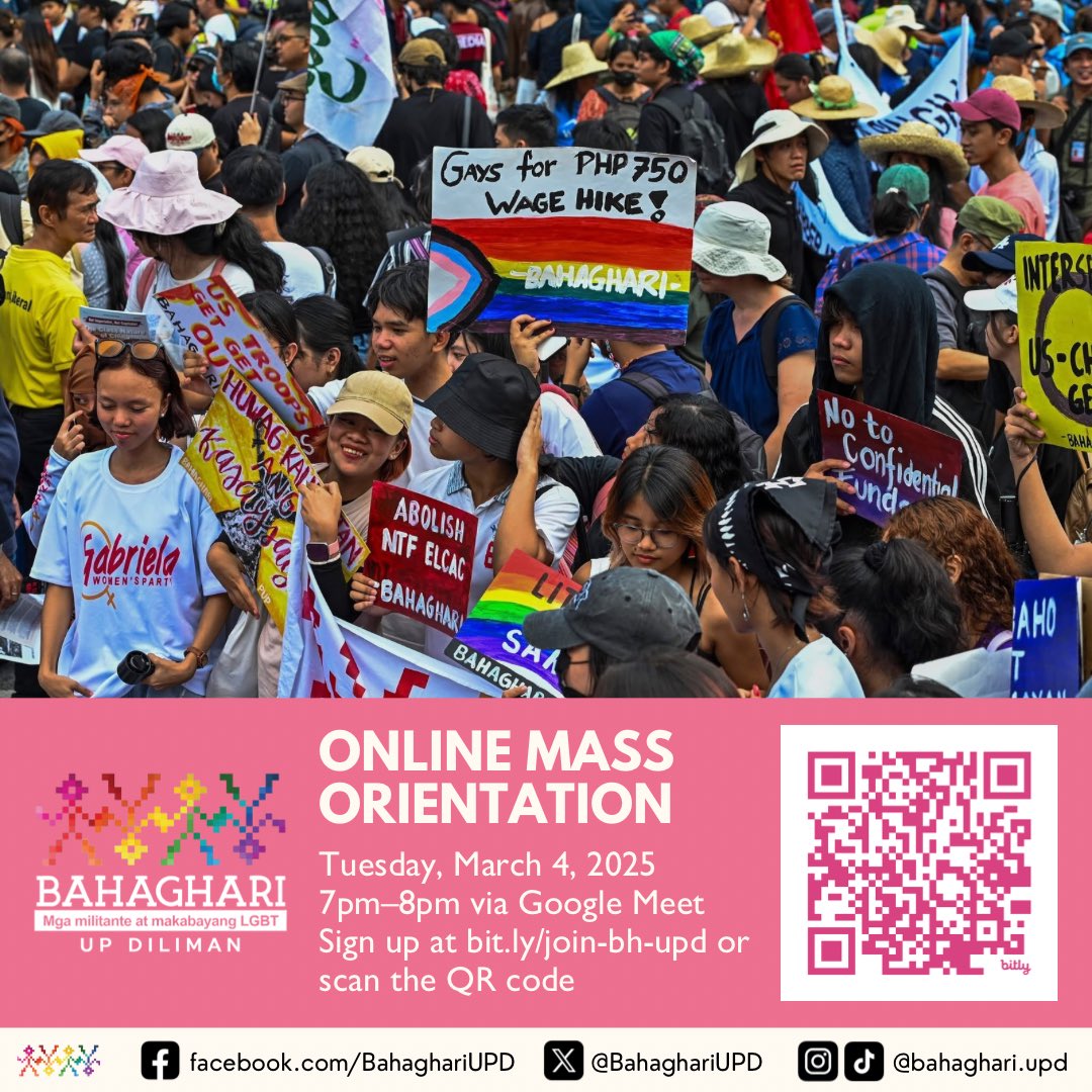 🏳️‍🌈 𝗔𝗖𝗖𝗟𝗔, 𝗔𝗡𝗚 𝗟𝗨𝗚𝗔𝗥 𝗠𝗢 𝗔𝗬 𝗦𝗔 𝗣𝗔𝗞𝗜𝗞𝗜𝗕𝗔𝗞𝗔! 🏳️‍⚧️

Sali na sa organisasyon ng mga militante at makabayang LGBTQ+ and allies, ang Bahaghari!

Join the online orientation!
✨ Tuesday, March 4
✨ 7PM–8PM via Google Meet

Register here:
bit.ly/join-bh-upd