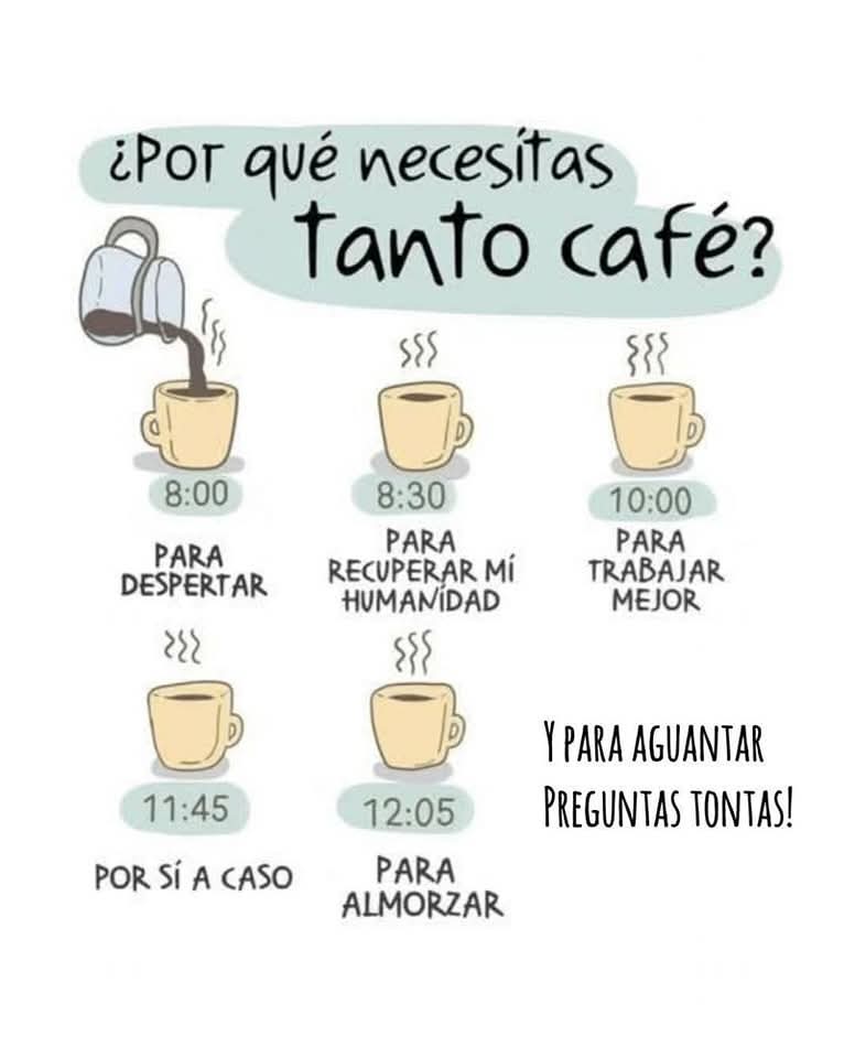 Nosotros empezamos con al primero a las 6:00 am ☹️, despertar tan temprano debería estar prohibido.
Buenos días muchachos! Excelente viernes 😏cafécito? ☕ ☕