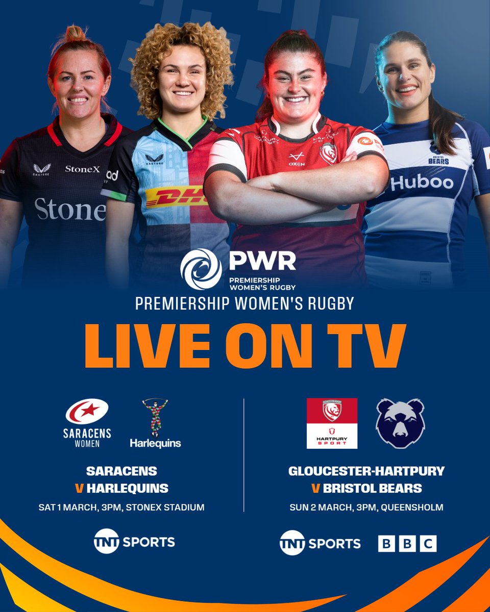 An all-star weekend 🌟

Two spectacular showdowns you won't want to miss 👀

Watch <a href="/SaracensWomen/">Saracens Women</a>  v <a href="/HarlequinsWomen/">Harlequins Women 🃏</a>  LIVE on <a href="/rugbyontnt/">Rugby on TNT Sports</a> commentated by Claire Thomas and <a href="/katymc10/">Katy Daley-Mclean</a> 🙌

Watch <a href="/gloshartpury/">Gloucester Hartpury</a>  v <a href="/BristolBearsW/">Bristol Bears Women 🐻</a>  LIVE on TNT Sports and <a href="/BBCSport/">BBC Sport</a> commentated by