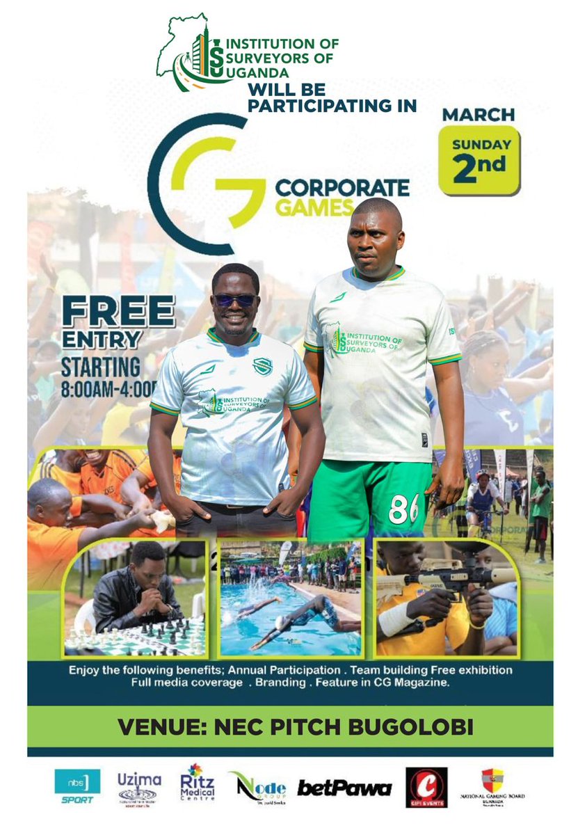 This Sunday @CorporateGamesU  the team <a href="/ISU_Sport/">ISUSport</a> is coming. 
To everyone let's come through a d share the health fun.
Thanks <a href="/SurveyorsofUG/">Institution of Surveyors of Uganda</a> for bringing us onboard. 
Time to network and build health and social capital.
#HealthyLiving