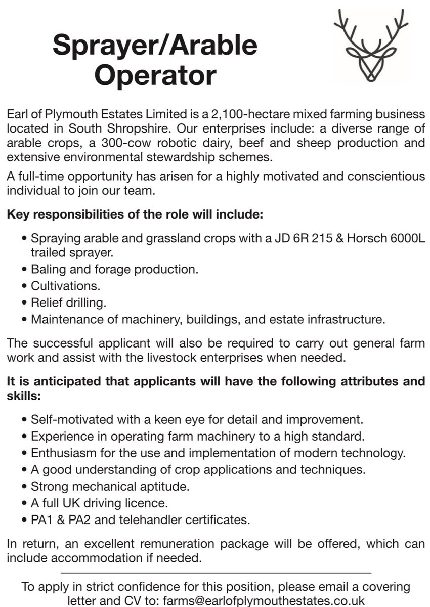 hamishws's tweet image. We are looking for an #arableoperator to join our team. To apply please email your c.v to farms@earlofplymouthestates.co.uk Please share with anyone that might be interested. #farmingjobs #jobsinagriculture