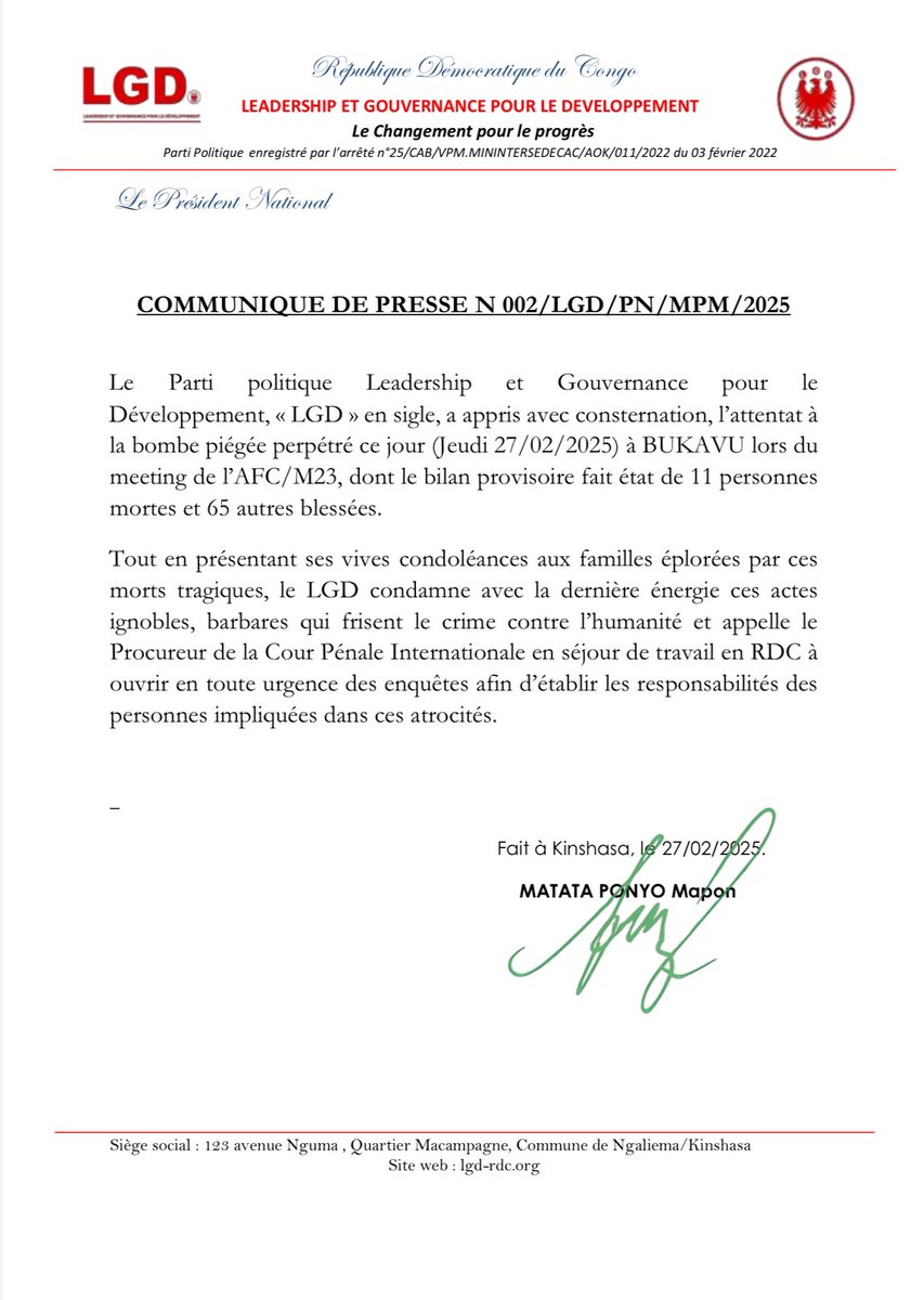 #RDC: COMMUNIQUE DE PRESSE N 002/LGD/PN/MPM/2025.