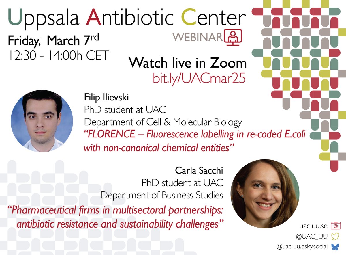 Join us for our next webinar on Friday March 7th! Our students Filip Ilievski &amp; Carla Sacchi will present their work on #BacterialTranslation &amp; #antibiotic R&amp;D innovation with a #sustainability twist!

Grab your lunch and coffee and join us at
bit.ly/UACmar25