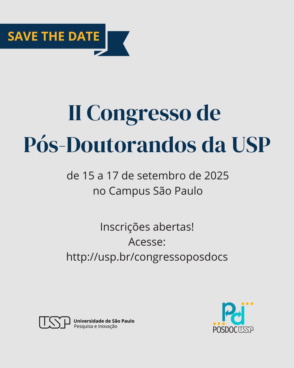 As inscrições para o II Congresso de Pós-Doutorandos da USP já estão abertas! O evento ocorrerá do dia 15 à 17 de setembro no Campus São Paulo (Butantã). Para mais informações, acesse: usp.br/congressoposdo…