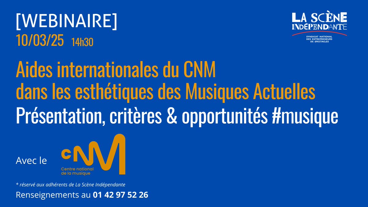 LaSceneIndep's tweet image. 🌍🎶Webinaire| Aides internationales @le_CNM🎶🌍
📅 Lundi 10 mars
🕑 14h30
💻 100% en visio 
🤝 Pour les adhérents @LaSceneIndep, @federap_fr @snep 
#Webinaire #AidesCNM #ScèneIndépendante #Musique #DéveloppementInternational