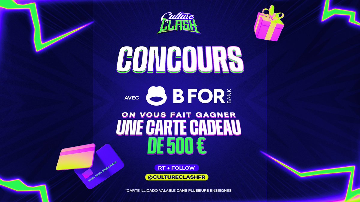 Culture Clash (@cultureclashfr) on Twitter photo Aujourd'hui, les participants de Culture Clash ont, eux, l'opportunité de gagner le trophée, et vous de remporter une carte-cadeau de 500€ !
Carte Illicado valable dans plusieurs enseignes 🎁
Pour participer :
🔁RT
👤Follow <a href="/cultureclashFR/">Culture Clash</a>
#partenariat Aujourd'hui, les participants de Culture Clash ont, eux, l'opportunité de gagner le trophée, et vous de remporter une carte-cadeau de 500€ !
Carte Illicado valable dans plusieurs enseignes 🎁
Pour participer :
🔁RT
👤Follow <a href="/cultureclashFR/">Culture Clash</a>
#partenariat
