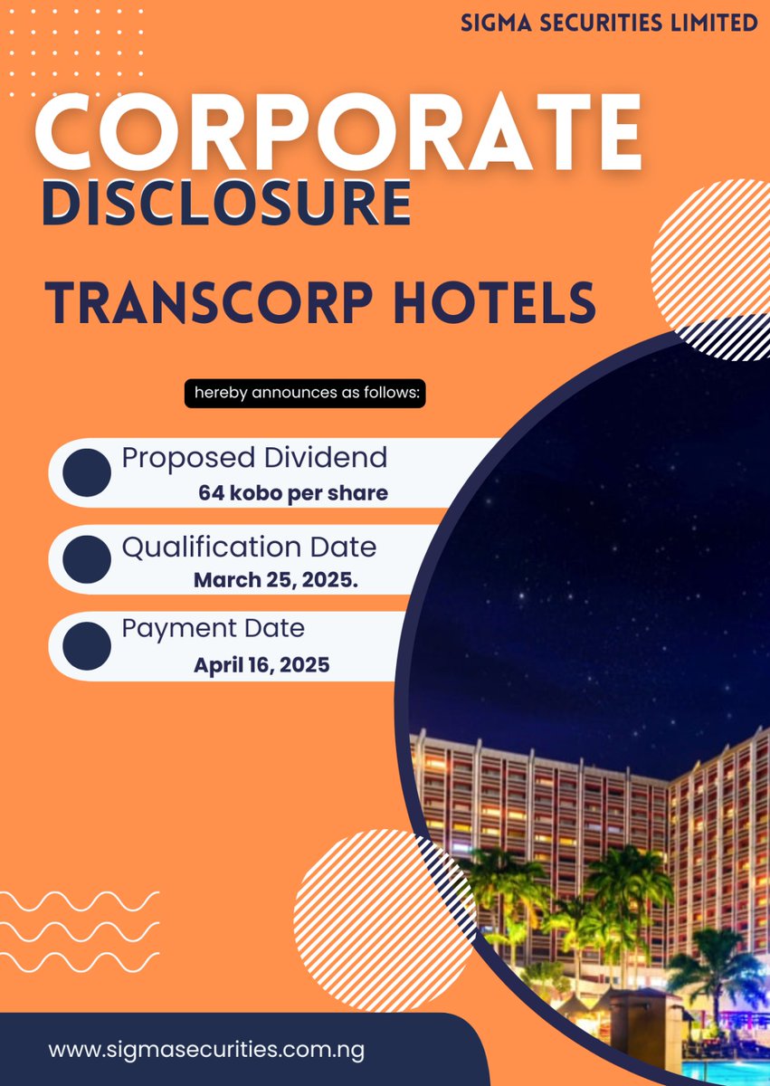 sigmasecurities's tweet photo. ๐จ Corporate Action Update! ๐จ
Transcorp Hotels Plc has announced a proposed dividend for its shareholders!
A rewarding opportunity for investors. Stay informed & make smart investment moves!
#SigmaSecurities #CorporateAction #Investment #Finance #Dividends #STrader https://t.co/3qkkAqYiSJ