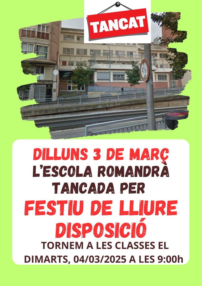 Benvolgudes famílies. Us recordem que el proper DILLUNS 3 DE MARÇ és FESTA DE LLIURE DISPOSICIÓ, per tant, no hi haurà classe. Ens retrobarem dimarts, 4 de març a les 09:00 hores.