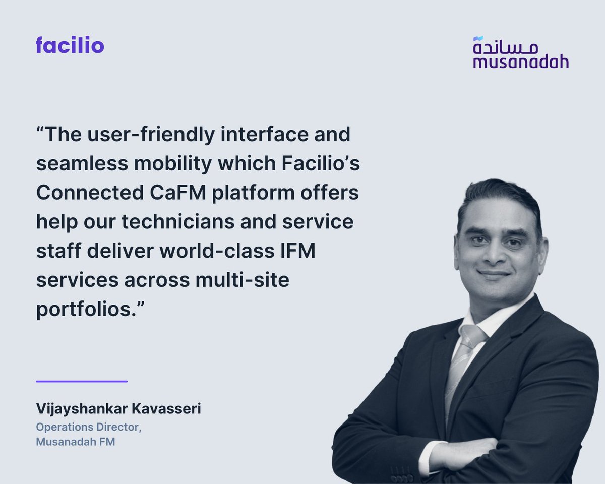Great FM teams need technology that works with them, not against them. 
 
That’s why Musanadah FM is using Facilio’s Connected CaFM to simplify operations across its portfolio. 
 
We’re proud to support FM teams in raising the bar for efficiency, and service excellence.

#facilio