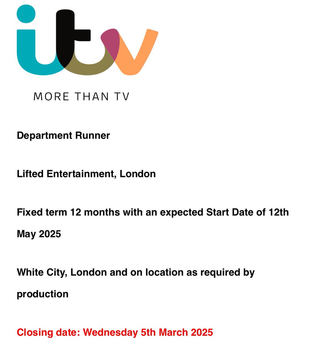 📣 ITV RUNNER VACANCY 📣
📆 12 month contract
📍 London 
⏳ Deadline 5th March 
🔗 Link in comments 👇